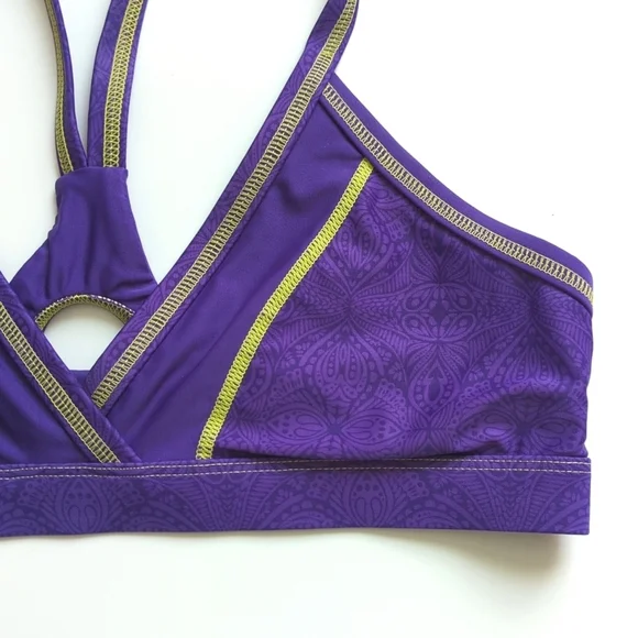 Athleta Contrast Stitched V-neck Cutout Racerback Swimsuit Bikini Top Purple M - Picture 5 of 10